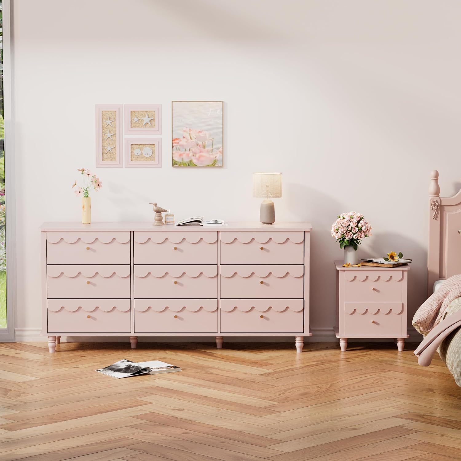 Anbuy Bedroom Sets 9 Drawer Dresser and Night Stand Sets for Bedroom, Two Drawers Nightstand Set of 2 & 9 Drawer Dresser Combo 3 Pieces (Pink)