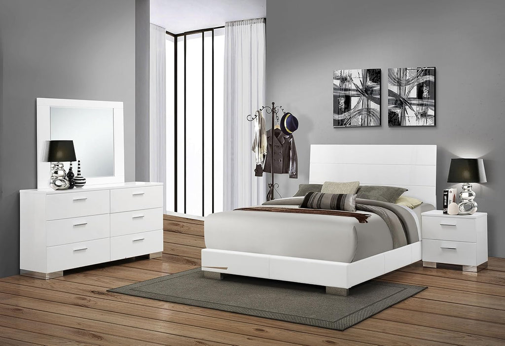 Coaster Home Furnishings Felicity Contemporary 4-Piece Bedroom Set Queen Size Panel Bed Frame 51-inch Headboard White High Gloss 203501Q-S4