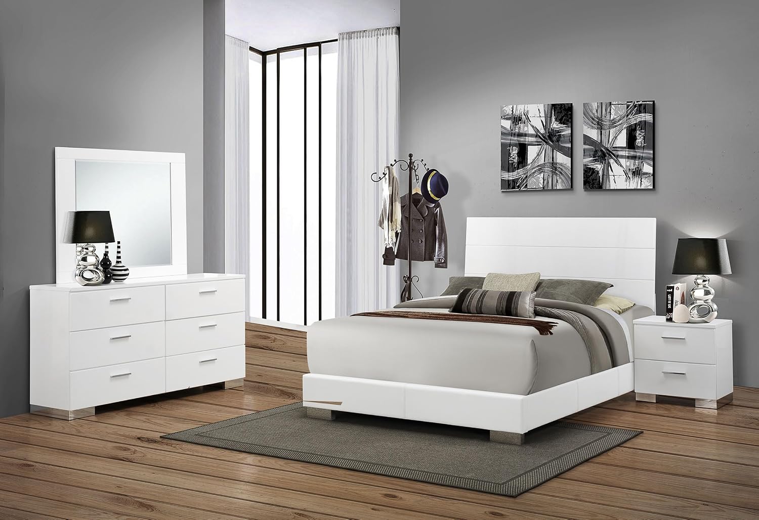 Coaster Home Furnishings Felicity Contemporary 4-Piece Bedroom Set Queen Size Panel Bed Frame 51-inch Headboard White High Gloss 203501Q-S4
