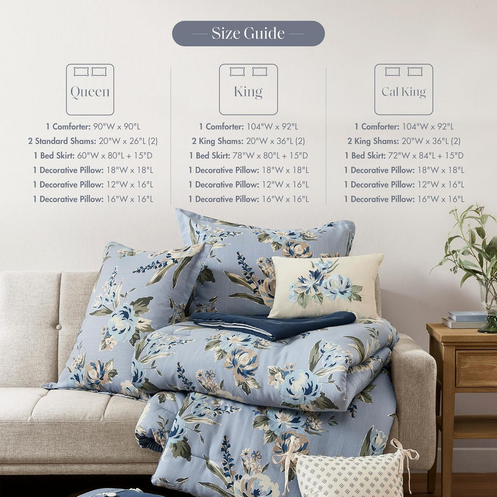 Madison Park Vintage Floral Reversible Comforters Set King Size Bed, All Season, Down Alternative Bedding Comforter, Bedskirt, Pillows, Shams, Blue 7 Piece