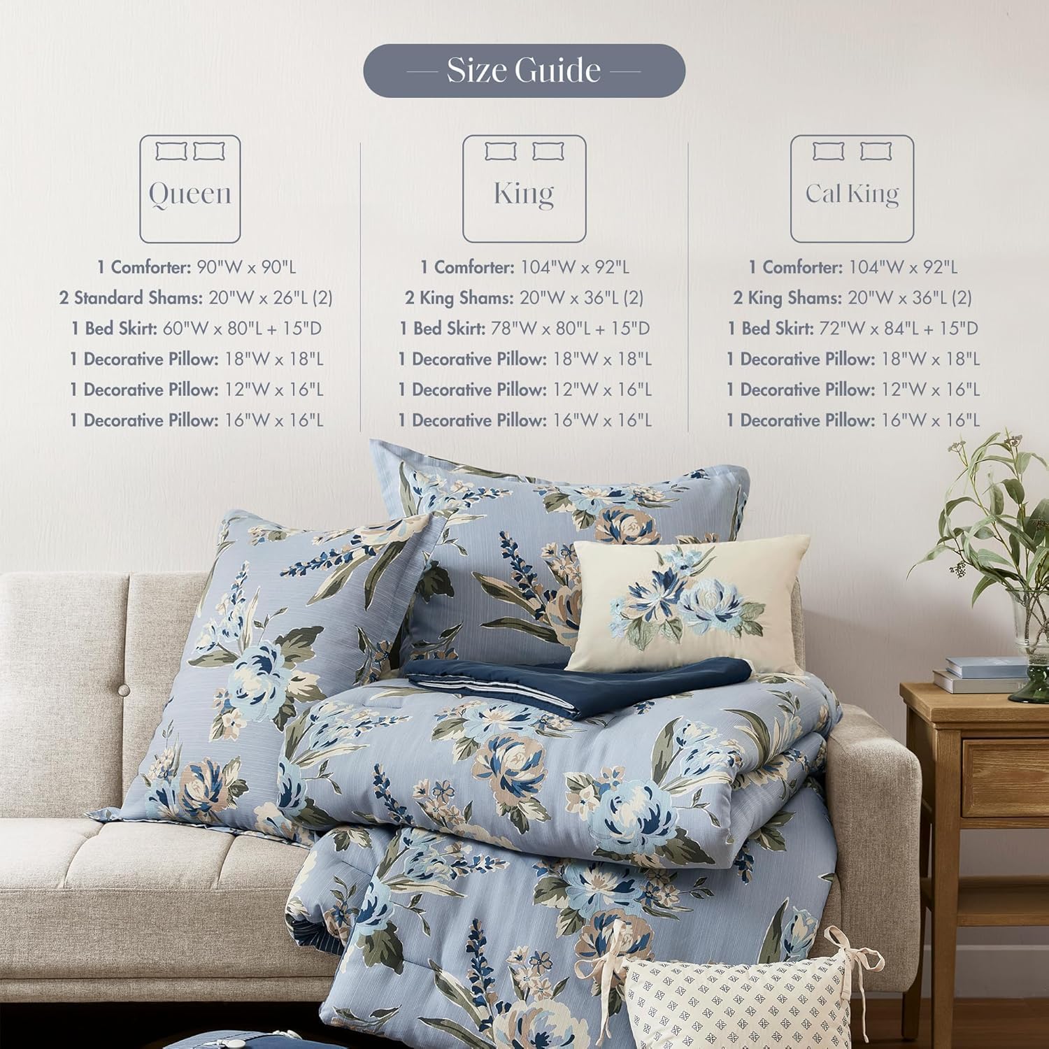Madison Park Vintage Floral Reversible Comforters Set, Cal King Size Bed, All Season, Down Alternative Bedding Comforter, Bedskirt, Pillows, Shams, Blue 7 Piece