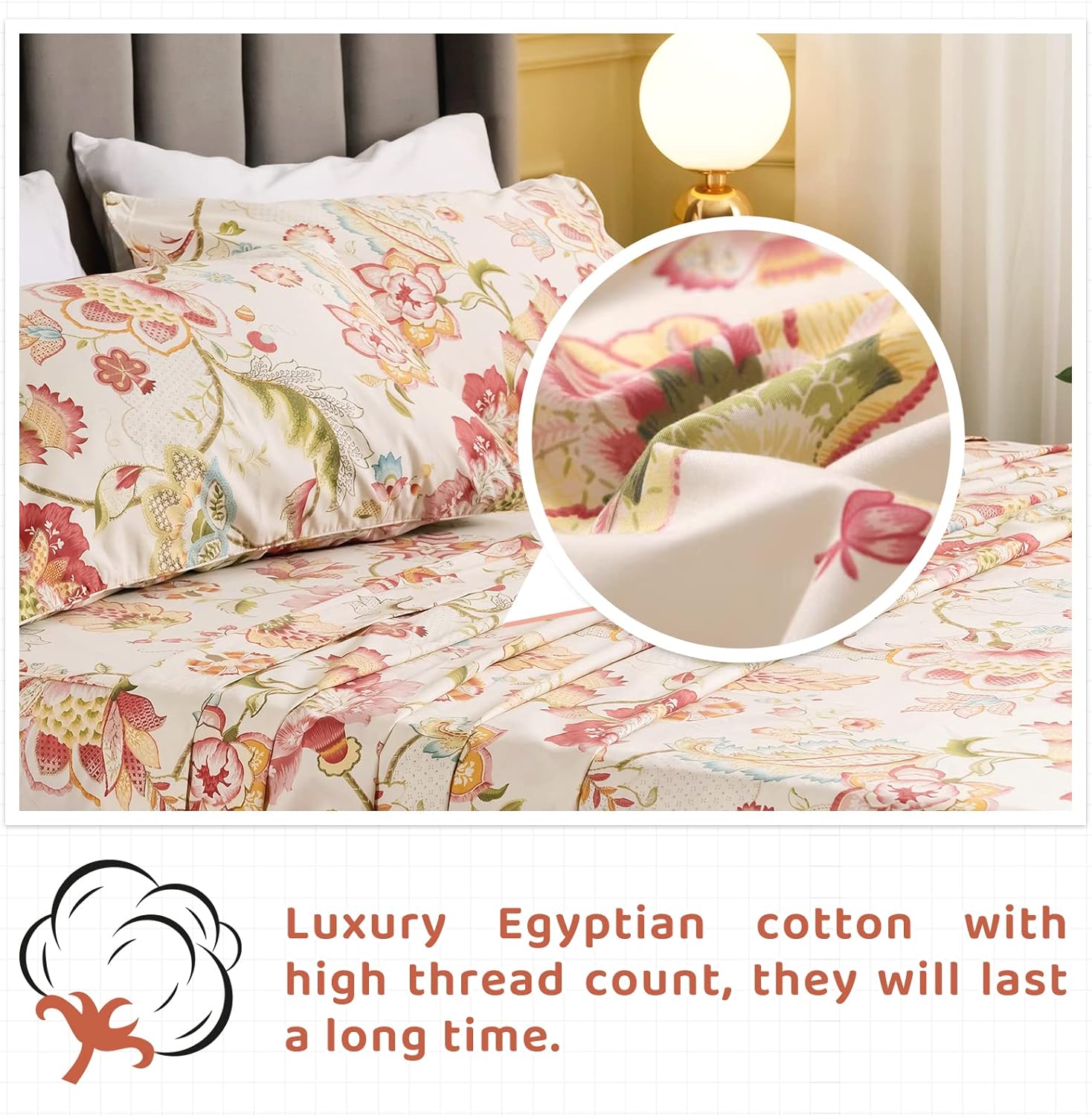 QSH 100% Egyptian Cotton Floral Sheets for Split King Size Bed, Red Yellow Flowers Plant Pattern Botanical Printed Bedding Deep Pockets 17' Soft and Breathable 4pcs