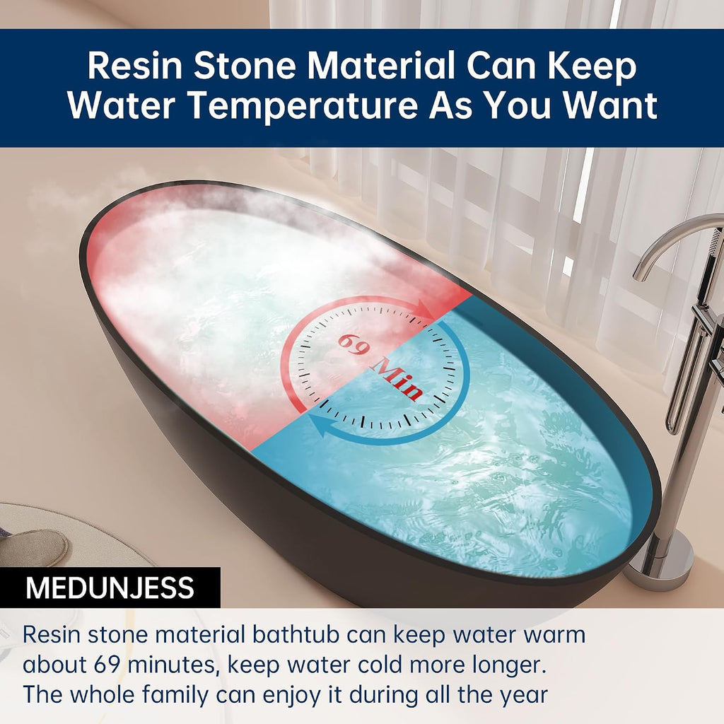 65' Stone Resin Freestanding Bathtub, Oval Solid Surface Bathroom Freestanding Tubs,Stand Alone Soaking Tub with Drain & Integrated Slotted Overflow Matte black