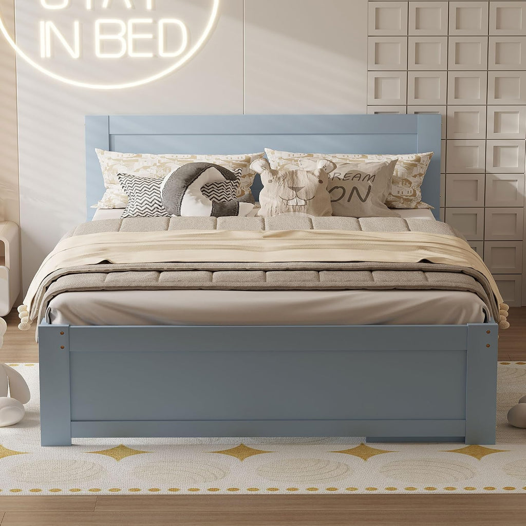 Wood Full Size Platform Bed with Storage Drawer and Removable Bedside Table, Modern Captain's Bed Frame with Shelves, Sturdy Slat Support, No Box Spring Required (Gray-9.29)