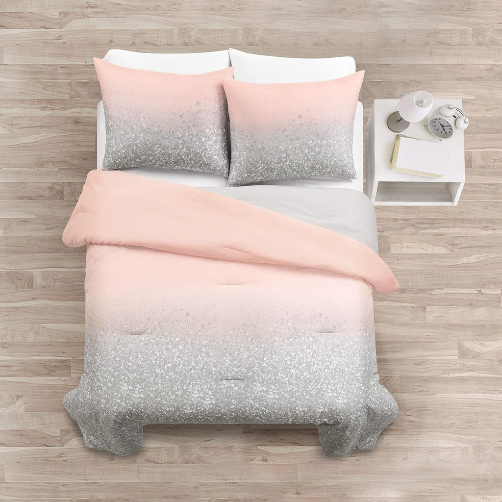 Lush Decor Glitter Ombre Metallic Print 5 Piece Comforter Set, Full/Queen, Blush & Gray