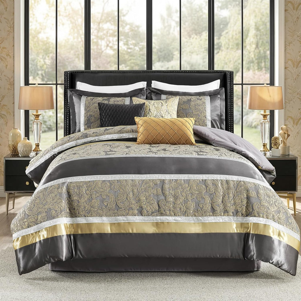Finlonte Queen Size Comforter Set, Gray Gold, 7 Piece Bed in a Bag All Seasons, Luxury Vintage Floral Jacquard Patchwork Grey Stripe, Silky Soft Bedding Sets with Bed Skirt, Shams and Decor Pillows