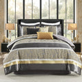 Finlonte Queen Size Comforter Set, Gray Gold, 7 Piece Bed in a Bag All Seasons, Luxury Vintage Floral Jacquard Patchwork Grey Stripe, Silky Soft Bedding Sets with Bed Skirt, Shams and Decor Pillows