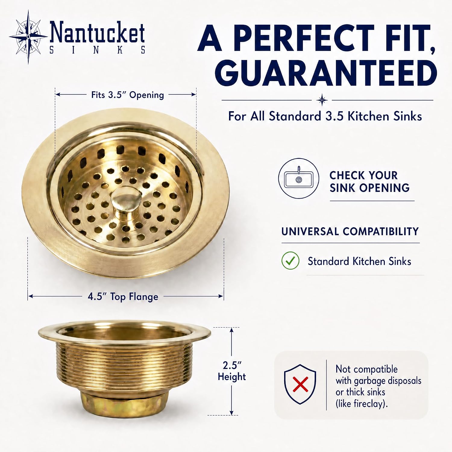 Nantucket Sinks Kitchen Sink Drain Kit – 3-1/2 Brass Sink Drain Assembly, Gold Color, Unlacquered for Patina, Solid, with Basket Strainer