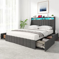 Zevemomo Queen Bed Frame with 4 Storage Drawers, Upholstered Queen Size Bed Frames with Headboard, Queen Size Bed Frame with LED Lights, Dark Grey