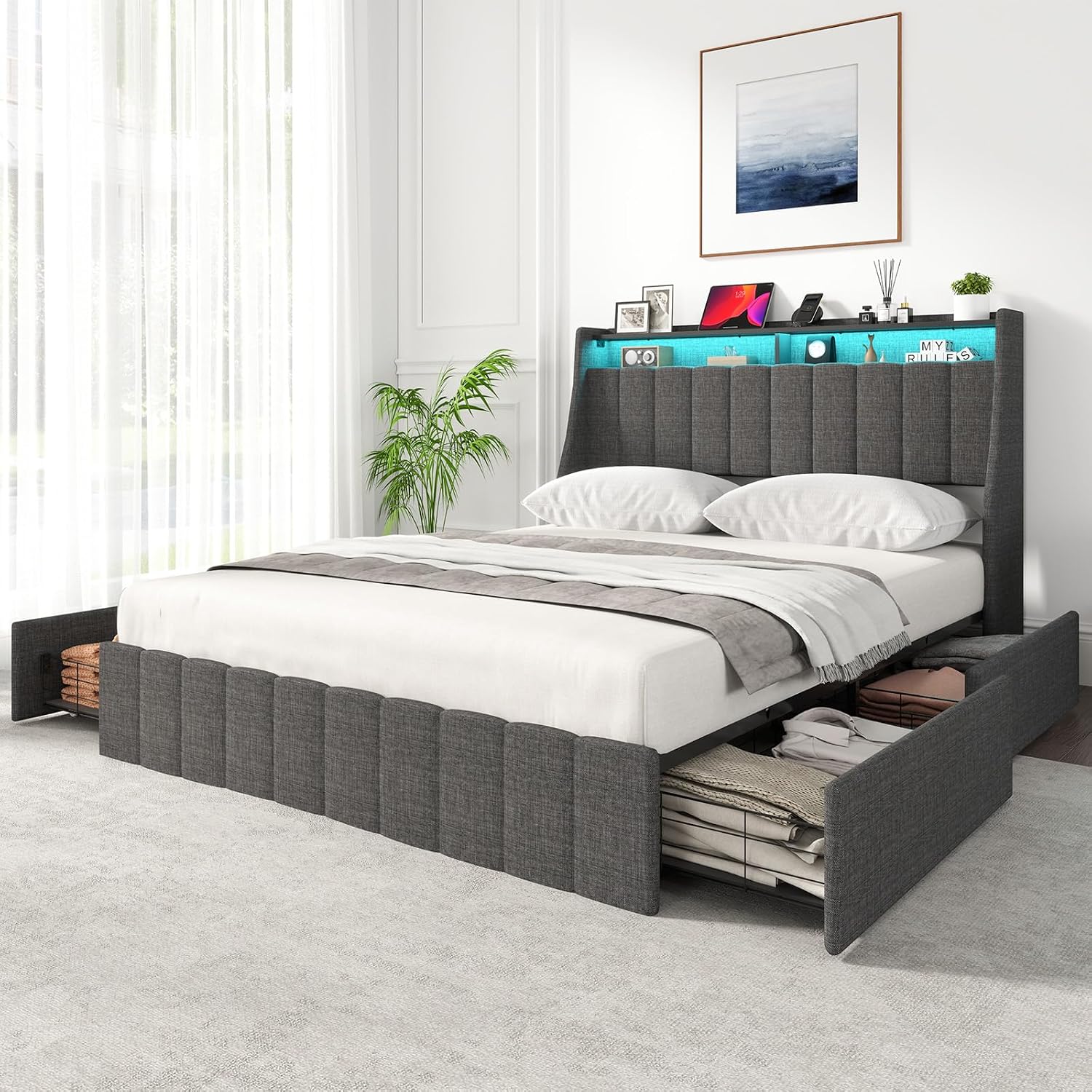 Zevemomo Queen Bed Frame with 4 Storage Drawers, Upholstered Queen Size Bed Frames with Headboard, Queen Size Bed Frame with LED Lights, Dark Grey