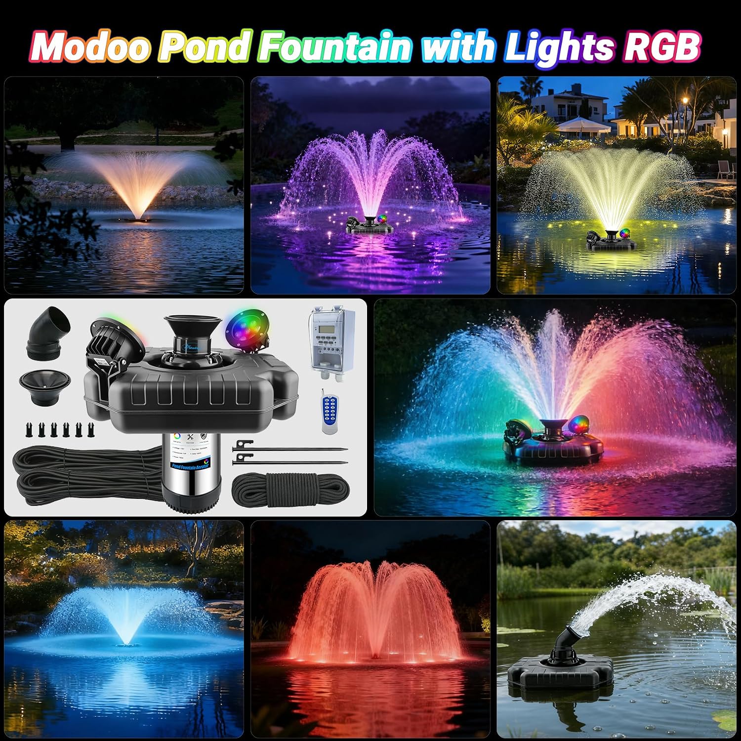 Pond Fountain Aerator with Lights, Dynamic RGB Light 1HP 750W Floating Fountain for Pond Lake, 110V 15000 GPH Fully Automatic Stainless Steel Fountain Pump 100Ft Cord with 2 LED Lights and Nail, Rope