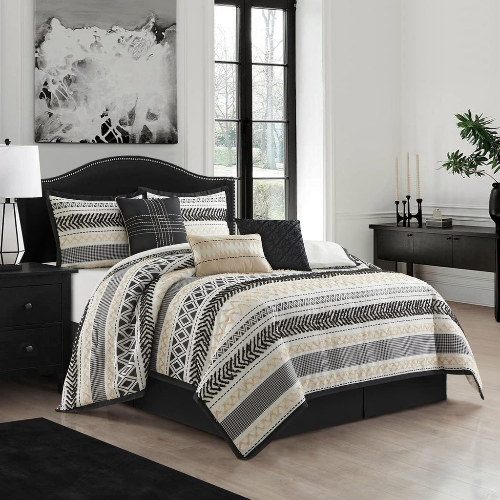 Grand Avenue Black Gold Comforter Set California King Size, 7 Piece Jaquard and Clip Soft Bedding Set, All Season, Matching Shams, Bedskirt, Decorative Pillows