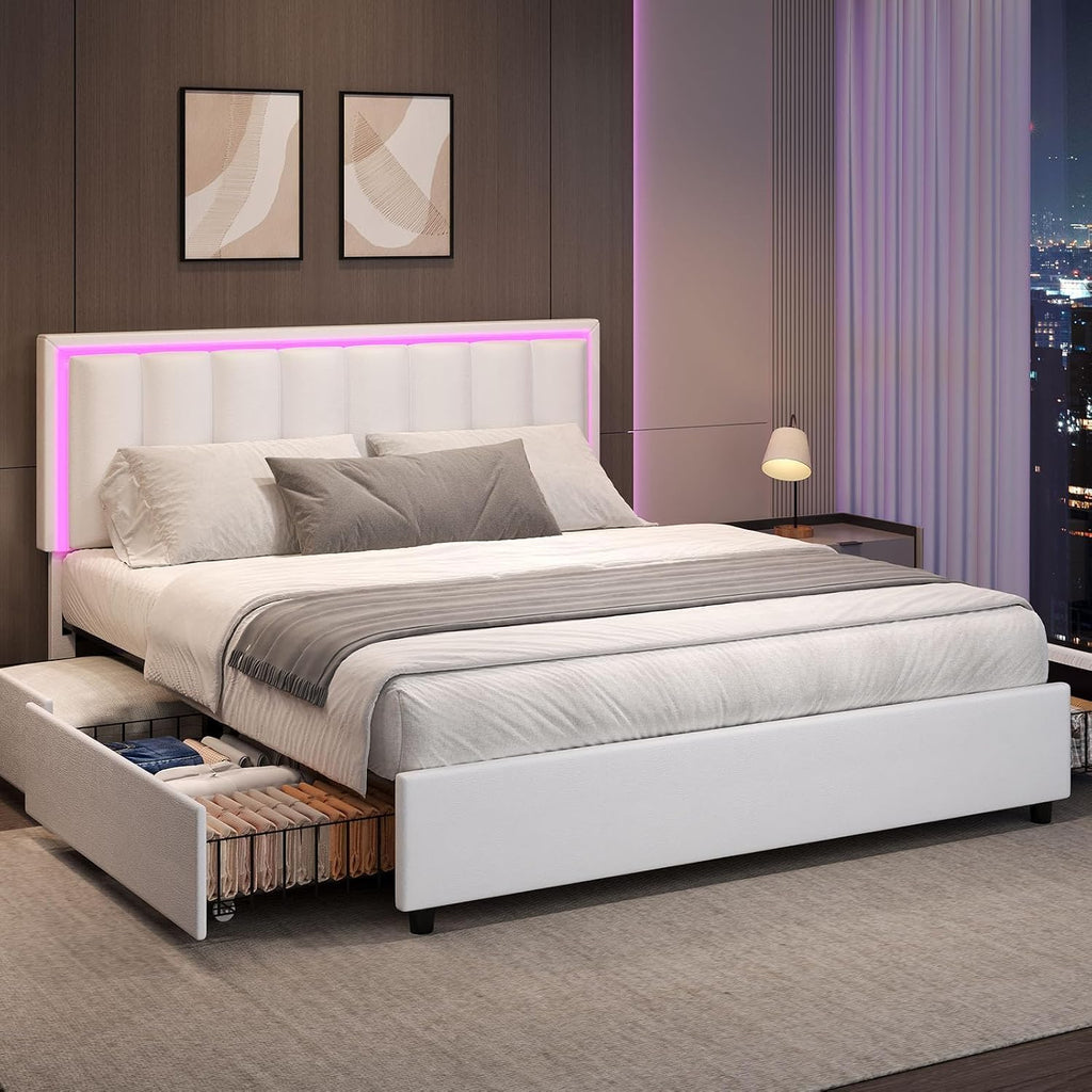 IMMERSTABLE Queen Size Bed Frame with Headboard and 4 Storage Drawers, Faux Leather Upholstered Platform Bed with LED Lights, Metal and Wood Slats, No Box Spring Needed, Easy Assembly, White