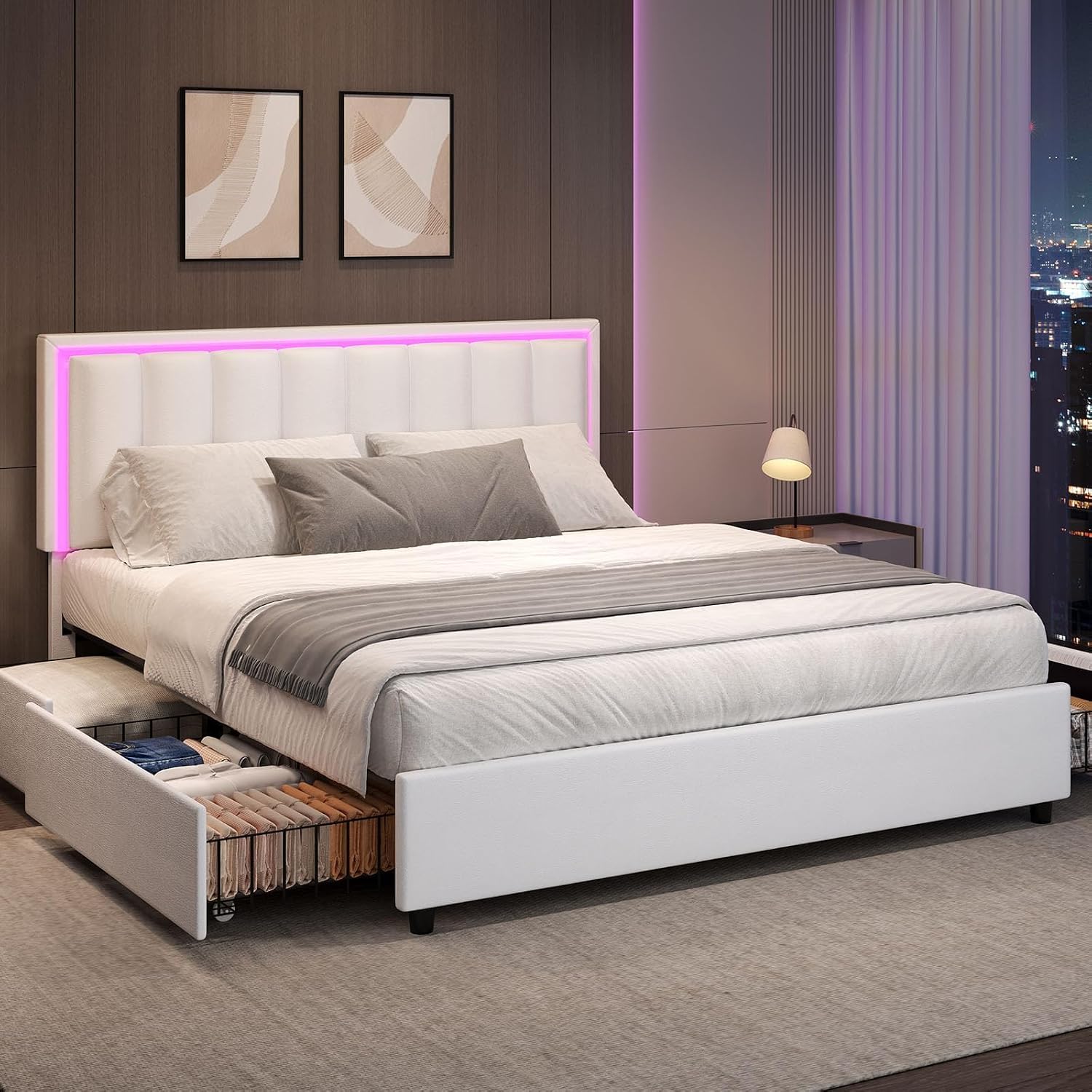 IMMERSTABLE Full Size Bed Frame with Headboard and 4 Storage Drawers, Faux Leather Upholstered Platform Bed with LED Lights, Metal and Wood Slats, No Box Spring Needed, Easy Assembly, White