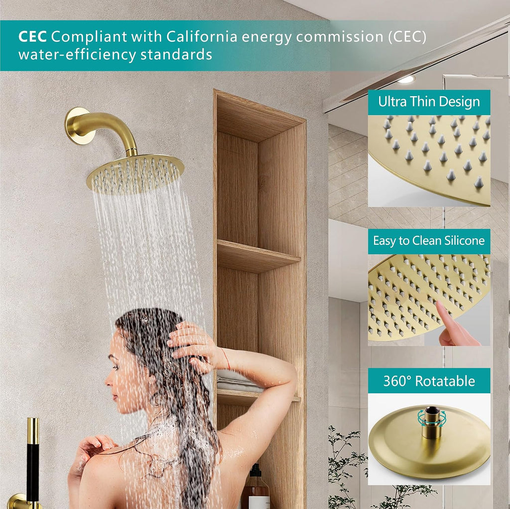 SKOWLL Rainfall Shower Faucet Set 3 Handle Shower Fixtures System Wall Mount 10 Inch Bathroom Shower Head Kit with 2 Function Shower Valve, Brushed Gold
