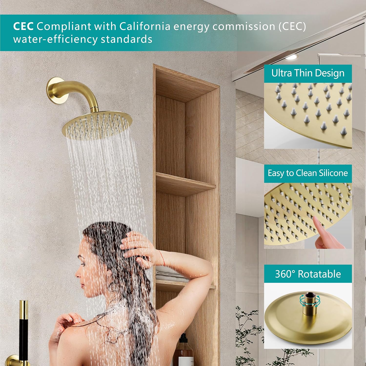 SKOWLL Rainfall Shower Faucet Set 3 Handle Shower Fixtures System Wall Mount 10 Inch Bathroom Shower Head Kit with 2 Function Shower Valve, Brushed Gold
