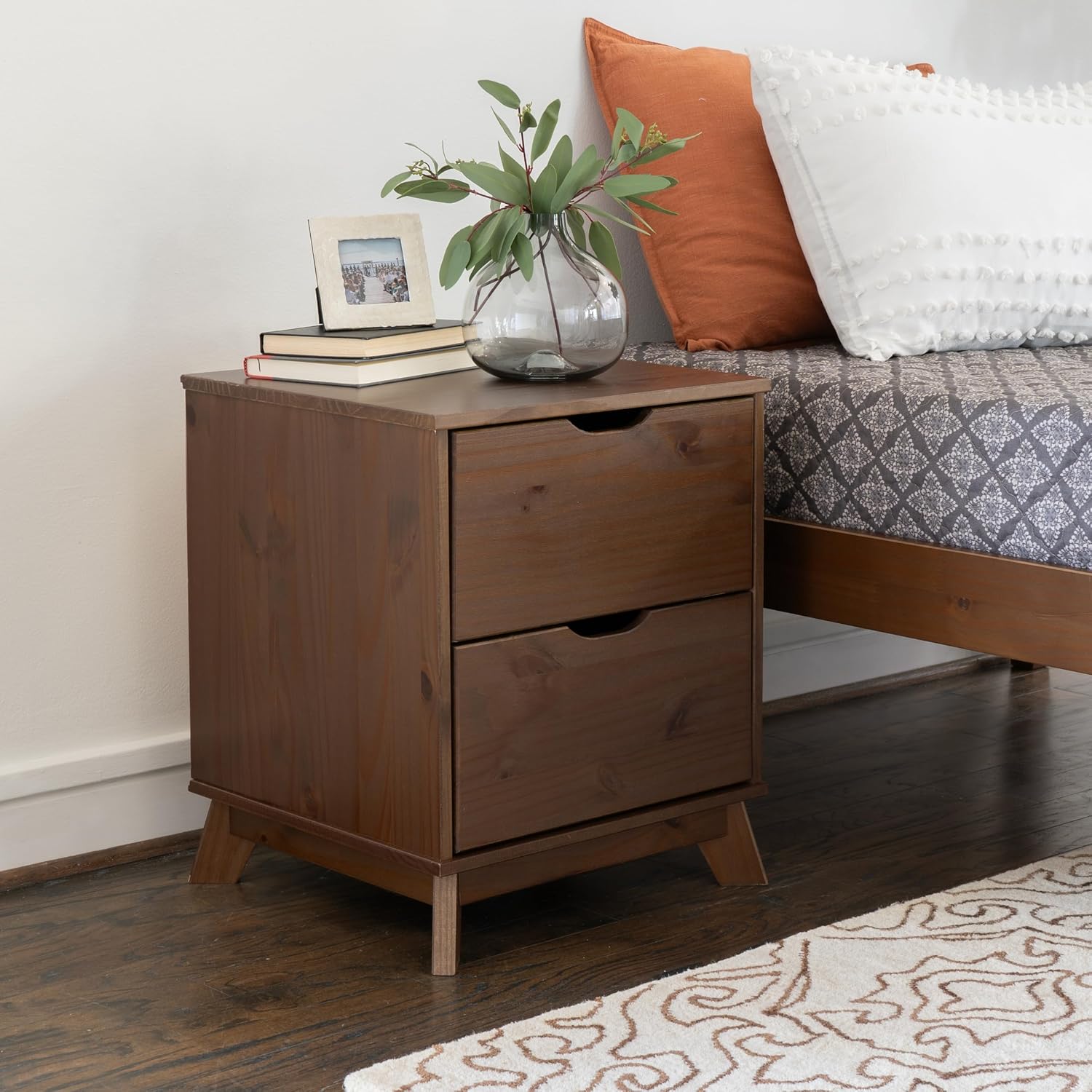 Powell Fordham Walnut Solid Pine Wood Twin Sized Platform Bed and Two Drawer Nightstand