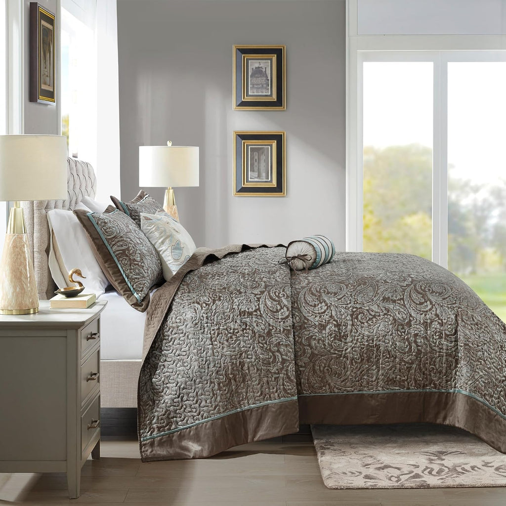 Madison Park Aubrey Reversible Quilted Bedspread Set, Solid Reverse Summer Breathable, Lightweight All Season Bedding Layer, Matching Shams, Bedspread King(120'x118'), Blue 5 Piece