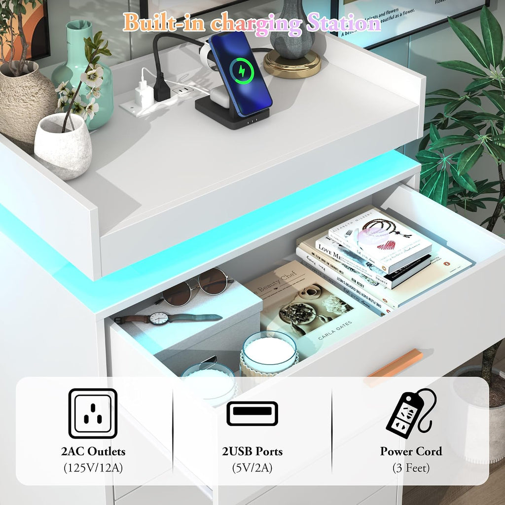 Hlivelood 5 Drawer Dresser with LED Light and Charging Station, Modern Chest of Drawers for Closet, Wide Drawer Organizer Cabinet, Living Room, Entryway, Hallway, White