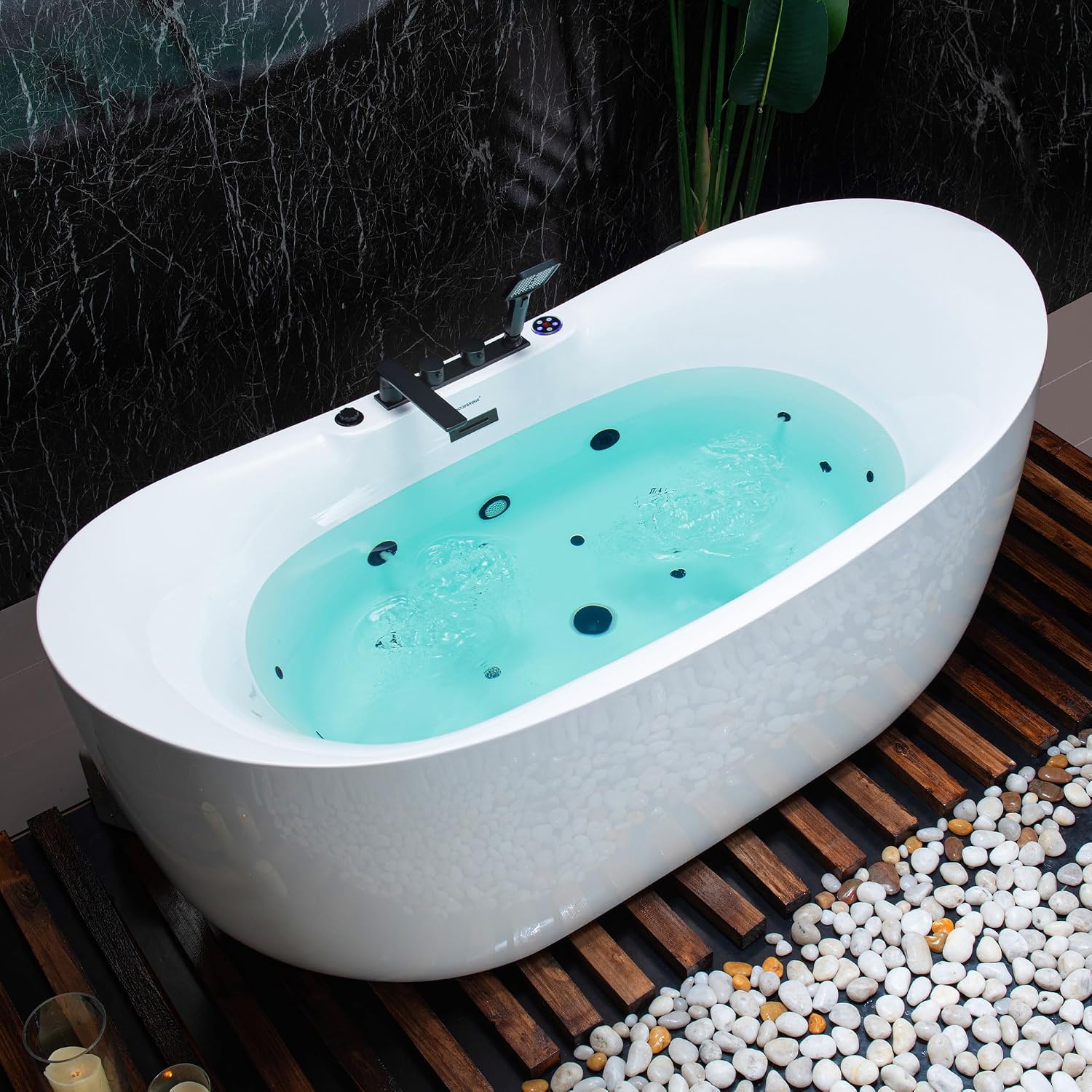 WOODBRIDGE 72' x 35-3/8' Whirlpool and Air Bath Heated Soaking Combination Tub with Adjustable Speed Air Blower, Tub Filler, and LED control panel, Matte Black Finish Trim and Drain Kit,BM-400+F0051