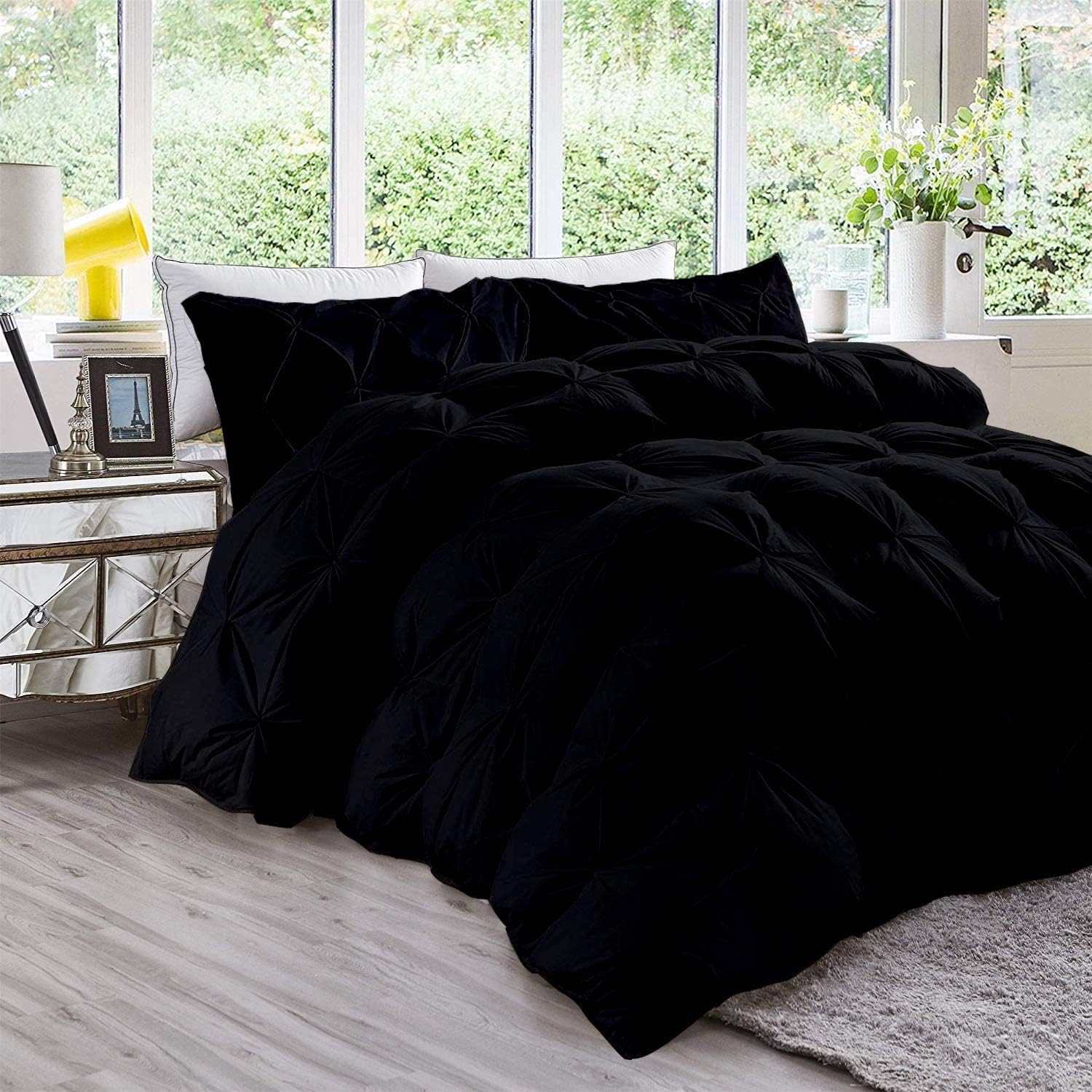 Pinch Pleated Black 5 Piece Soft 500 GSM California Queen Size Comforter Set (Comforter + 4 Pillowcases) 1000 Series Egyptian Cotton Comforter Set