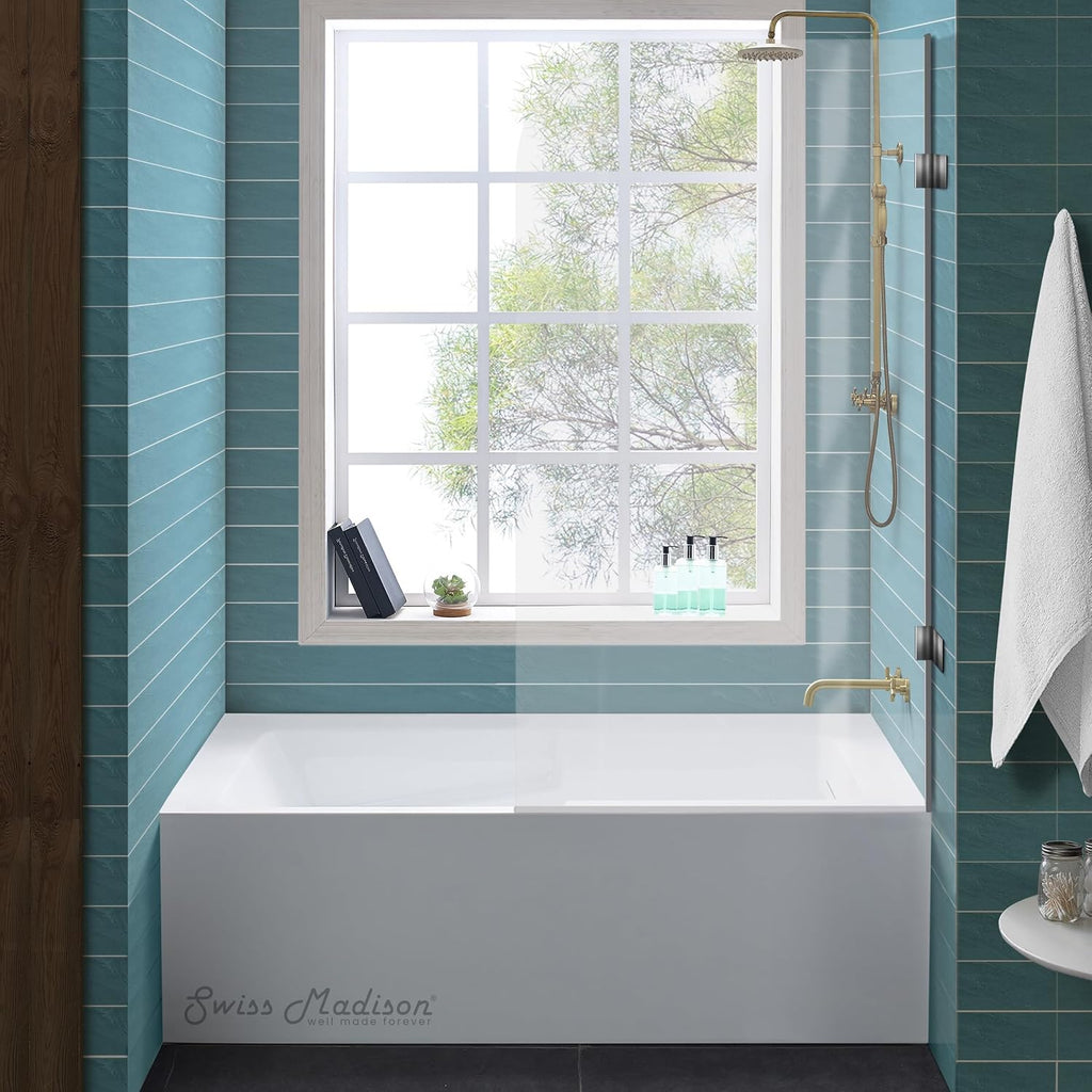 Swiss Madison Voltaire 60 x 32 Skirted Right Drain Soaking Apron Bathtub in Glossy White with Integrated Overflow and Armrest, Drain Included