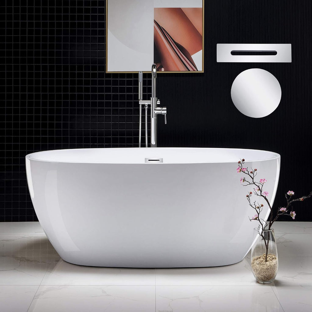 WOODBRIDGE 59' Acrylic Freestanding Bathtub Contemporary Soaking Tub, White Acrylic (Chrome Drain/Overflow),BTA1518 -C-Drain &O