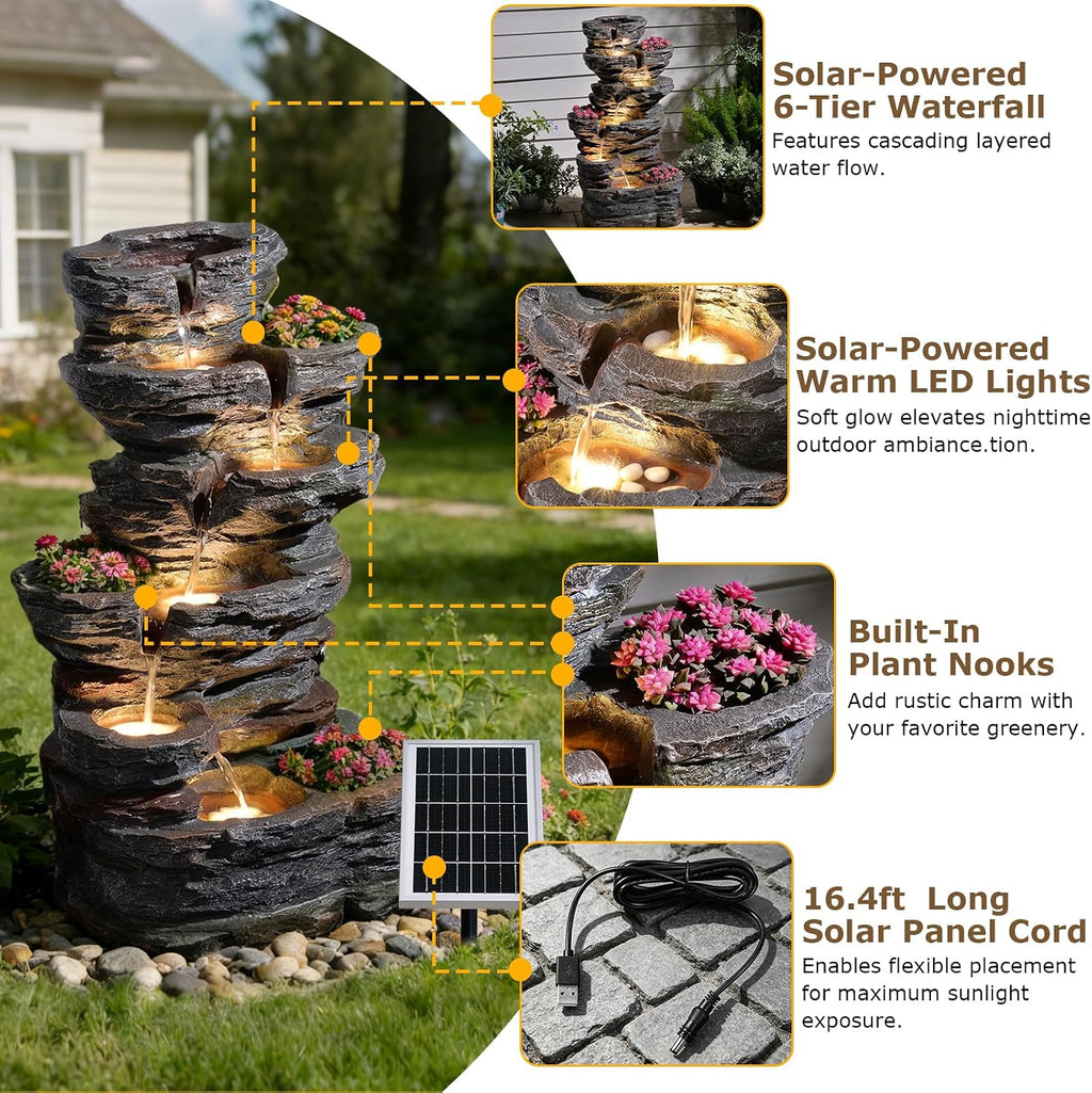6-Tier Rock Solar Outdoor Water Fountain, 32.7' H Cascading Solar Powered Garden Waterfall Fountains with LED Lights for Patio, Balconies, Lawns, Deck, Porch, Backyard and Home Art Decor
