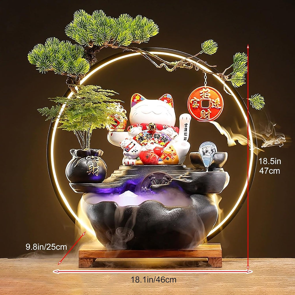 Indoor Tabletop Waterfall Fountain with Lucky Cat, Desk Small Fountain, LED Light Ring, Indoor Waterfall Feature, and Backflow Incense Burner
