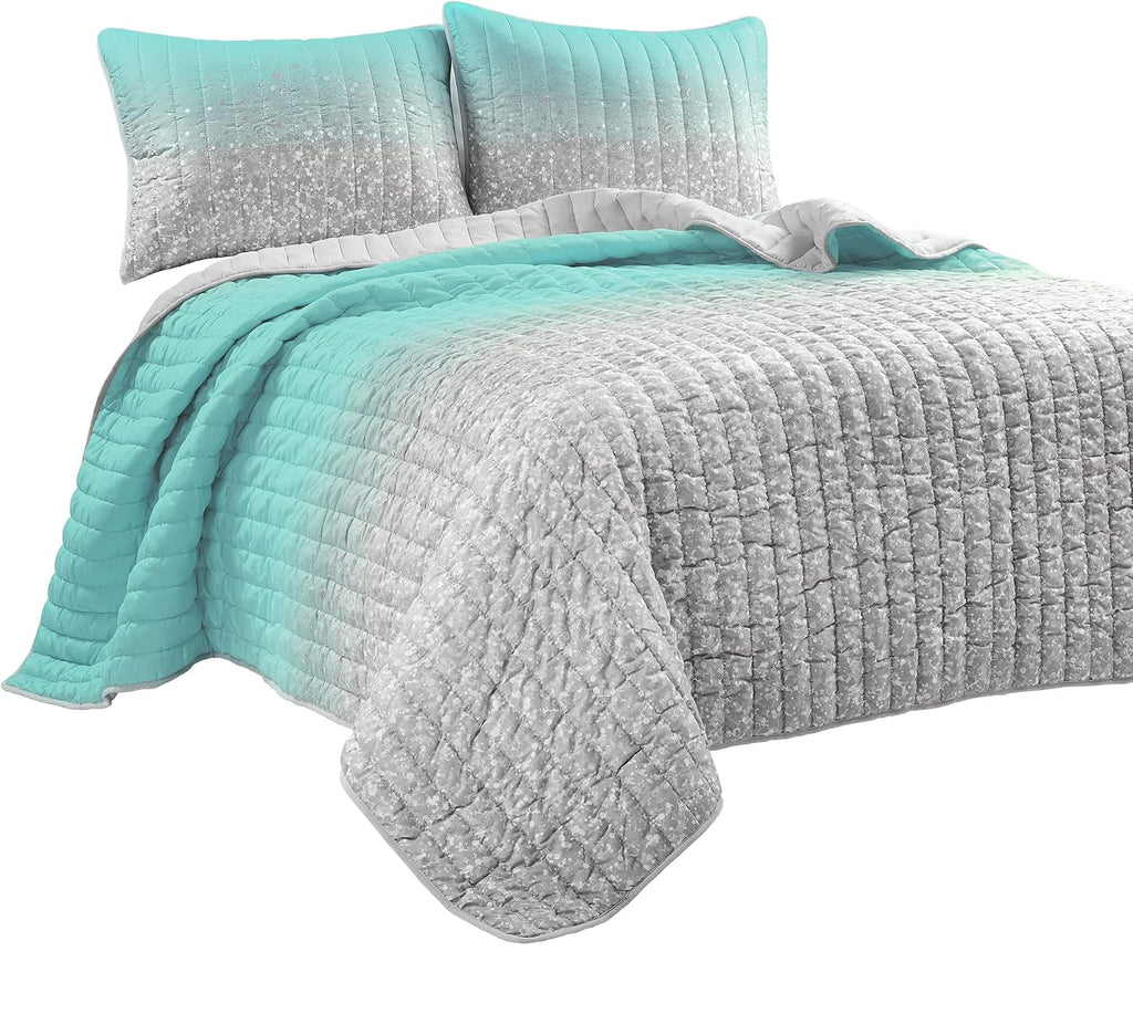 Lush Decor Glitter Ombre Metallic Print 5 Piece Comforter Set, Full/Queen, Aqua & Gray