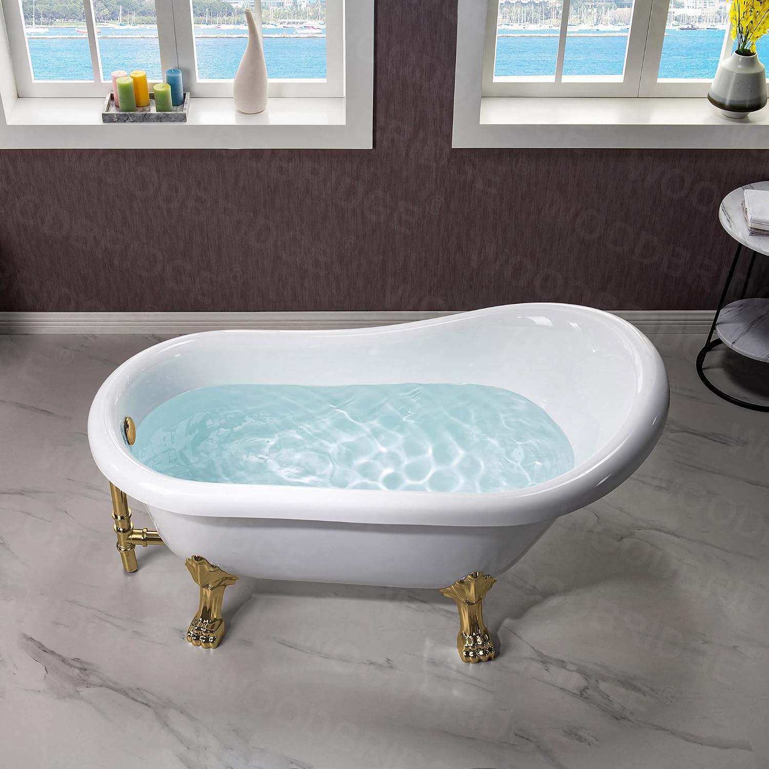WOODBRIDGE 54' Heavy Duty Acrylic Slipper Clawfoot Bath Tub with Polished Gold Feet + Polished Gold Drain &Overflow