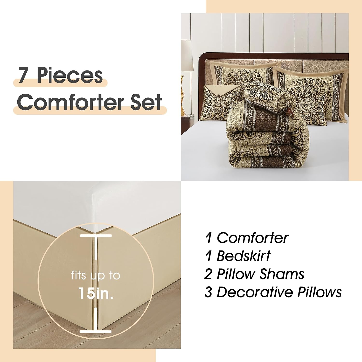 LANCO MODERN LIFESTYLE Queen Comforter Set, Brown Medallion Jacquard Design, Luxurious Bohemian 7 Pieces Bedding Set with Decorative Pillows and Bed Skirt