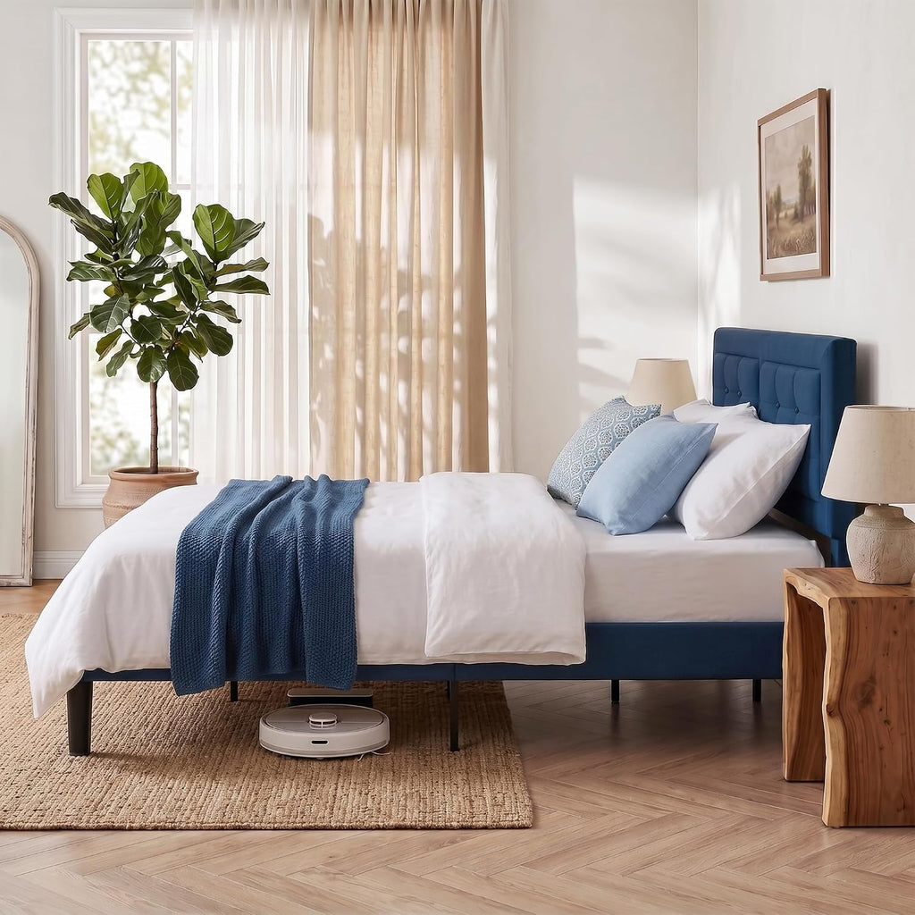 VECELO Full Size Bed Frame, Adjustable Upholstered Button Tufted Headboard, Heavy-Duty Bedframe with Wood Slats Support, No Box Spring Needed, Aegean Blue