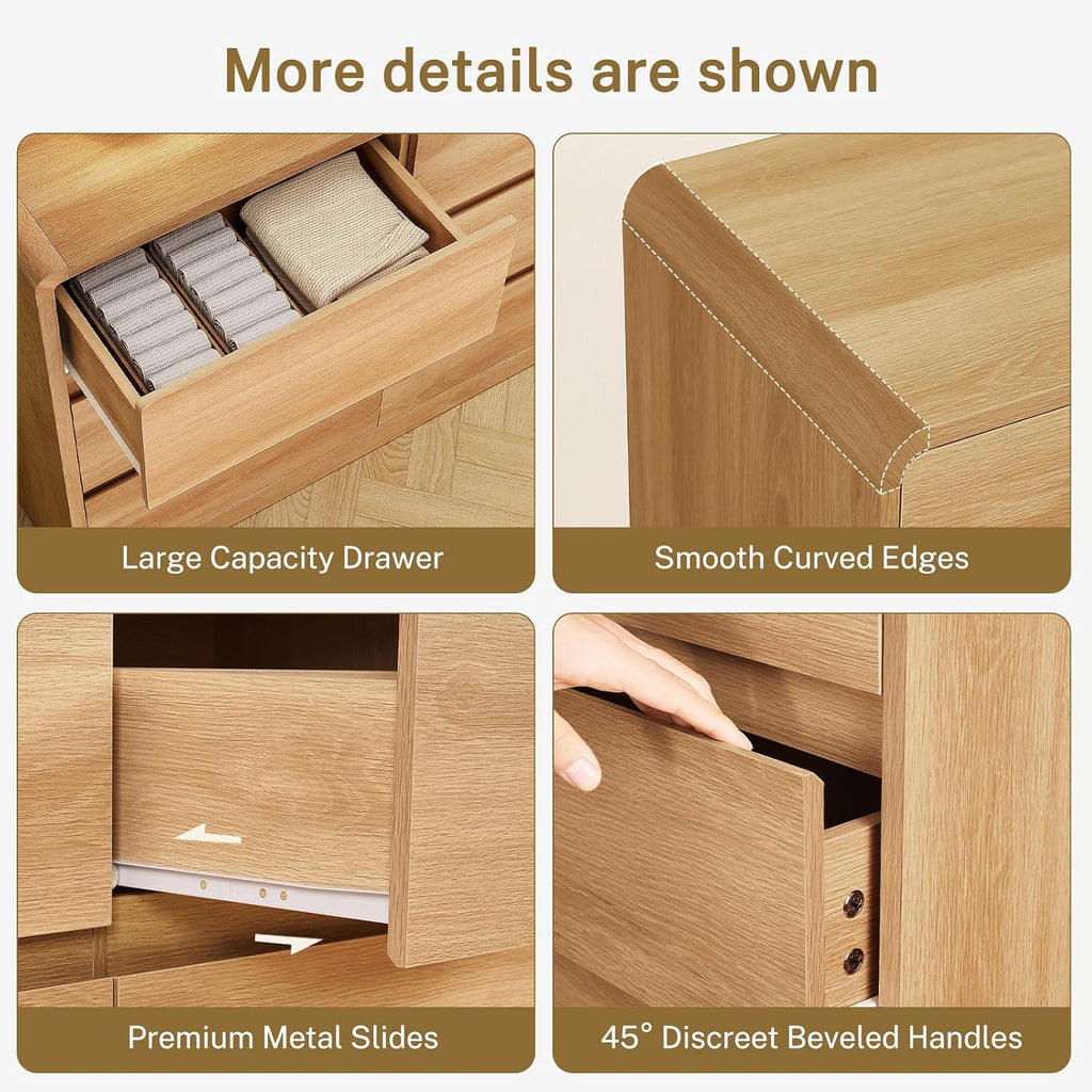 TEENFON 9 Drawer Dresser for Bedroom, 63' Wide Dressers & Chest of Drawers with Curved Profile Design, Wood Closet Storage Dressers Organizer for Bedroom, Living Room, Natural