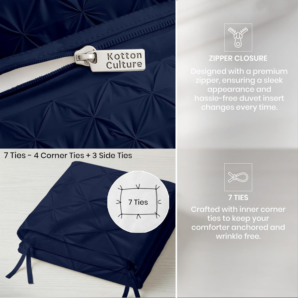 Kotton Culture 120'x 120' 3 Pc Super King Plus Pinch Pleated - Pintuck Duvet Cover Set - 100% Egyptian Cotton 600 TC - Zipper Closure & 7 Internal Ties- Fits Extra Large King Inserts - Navy Blue