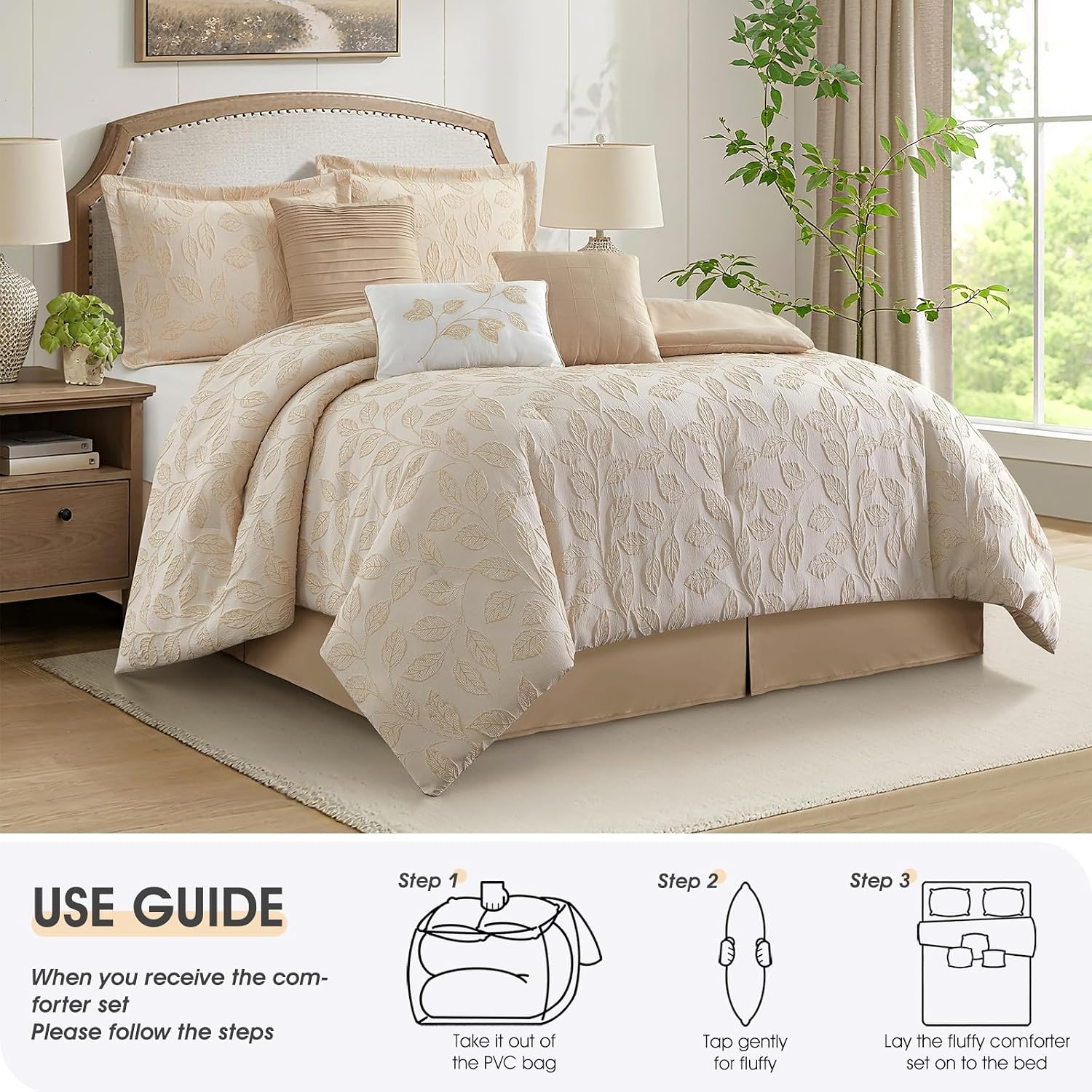 LANCO MODERN LIFESTYLE 7 Pieces Beige Gold Comforter Set, Queen Size, Jacquard with Matching Solid Microfiber Piecework, 3D Leaves Texture Design, Includes Bed Skirt, Shams, and Decorative Pillows