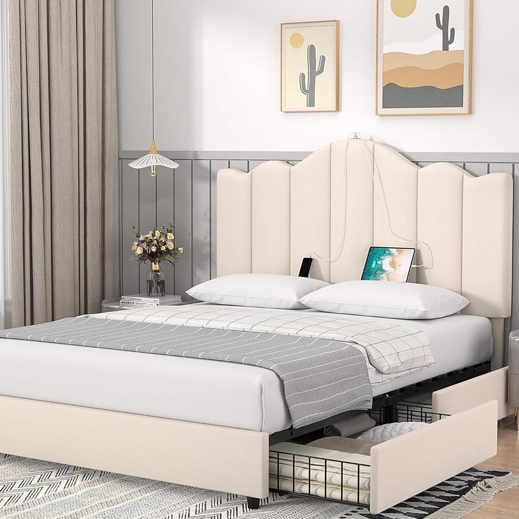 VECELO Full Size Platform Bed Frame with Type-C & USB Charging Stations/4 Storage Drawers, Upholstered Adjustable Headboard, Strong Wooden Slats Support, No Box Spring Needed, Easy Assembly