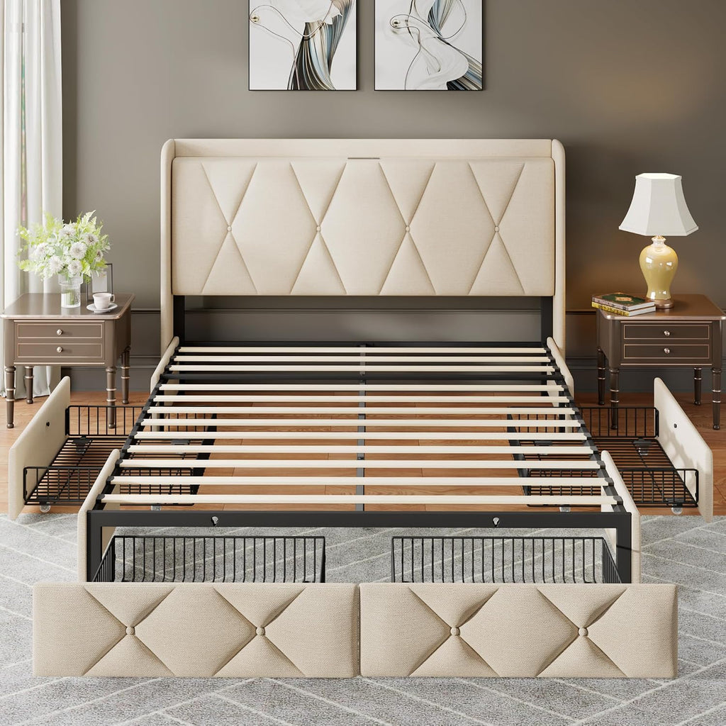 Feonase Queen Bed Frame with 4 Storage Drawers, Upholstered Button Tufted 4' Storage Headboard with Fast Charging Station, Heavy Duty Slats Support, No Box Spring Needed, Noise-Free, Beige