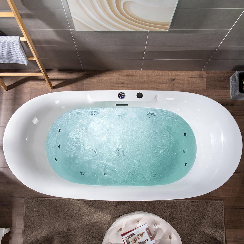 WOODBRIDGE 72' x 35-3/8' Whirlpool Water Jetted and Air Bubble Freestanding Heated Soaking Combination Bathtub with LED control panel,Matte Black drain and overflow,BM-400