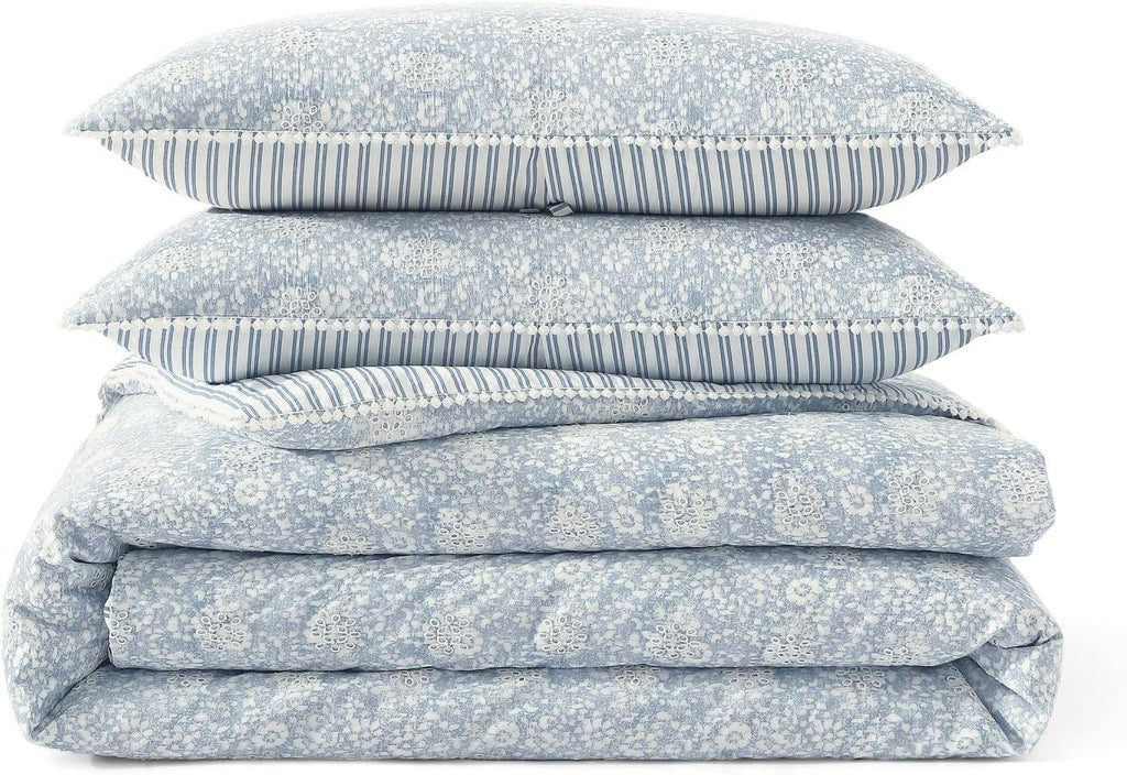 Peri Home 100% Cotton 3-Piece Comforter and Sham Set, King, Blue Ikat Eyelet