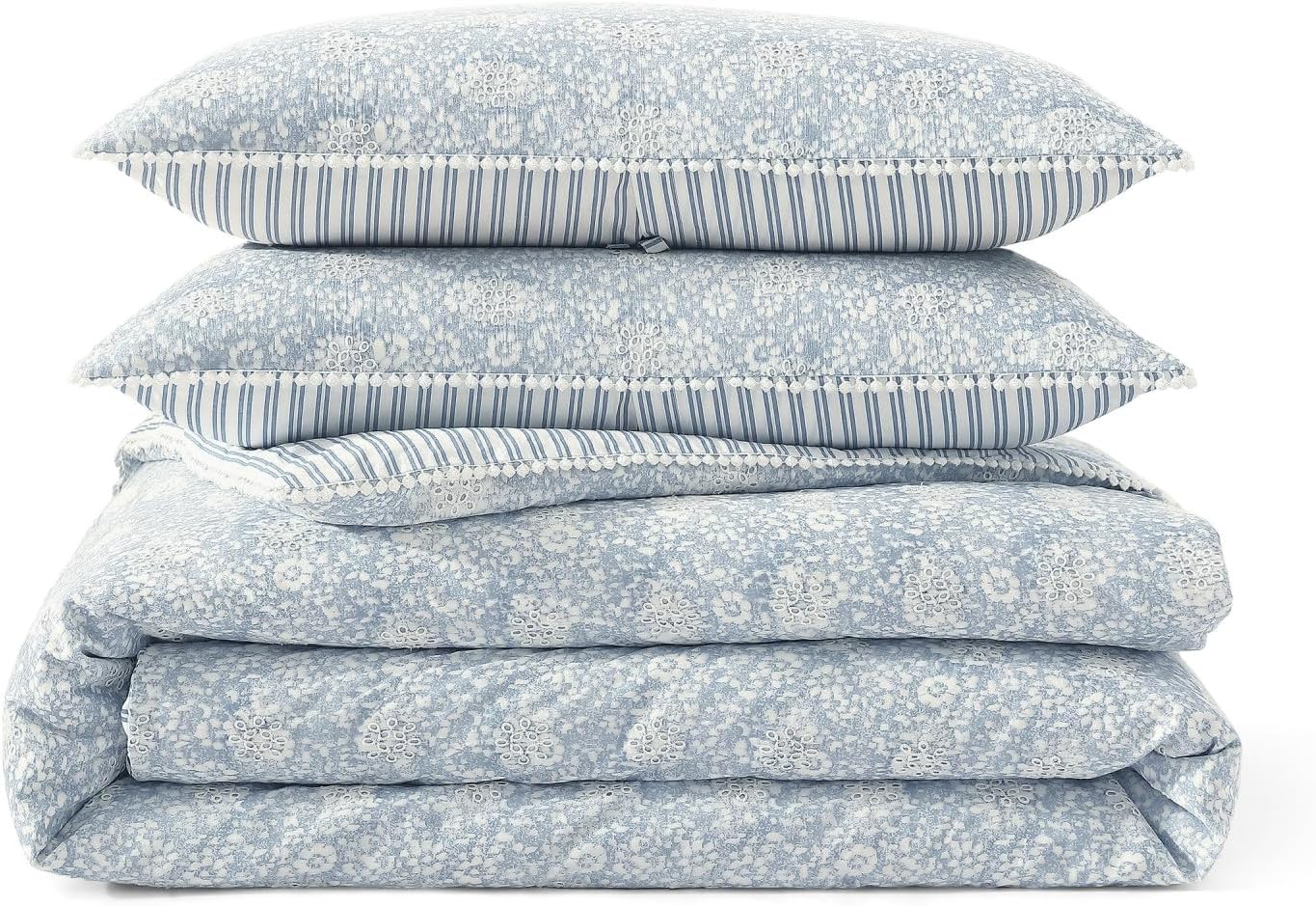 Peri Home 100% Cotton 3-Piece Comforter and Sham Set, King, Blue Ikat Eyelet