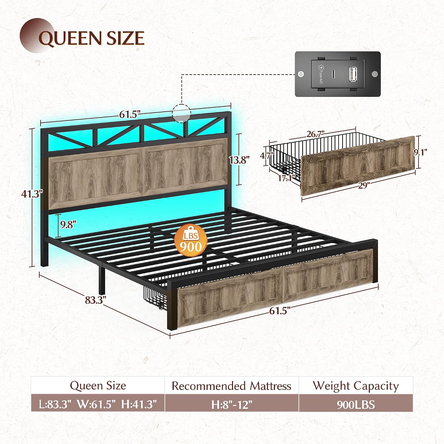 EnHomee Metal Bed Frame Queen Size with 2 Storage Drawers and Headboard,LED Lights, Built in Charging Station,NO Noise,No Box Spring Needed,Grey