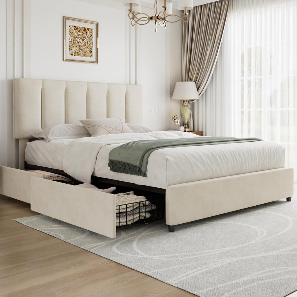 VECELO Full Size Bed Frame with 4 Storage Drawers, Adjustable Height Headboard, Heavy-Duty Platform Bedframe with Strong Wooden Slats, No Box Spring Needed, Pale Beige