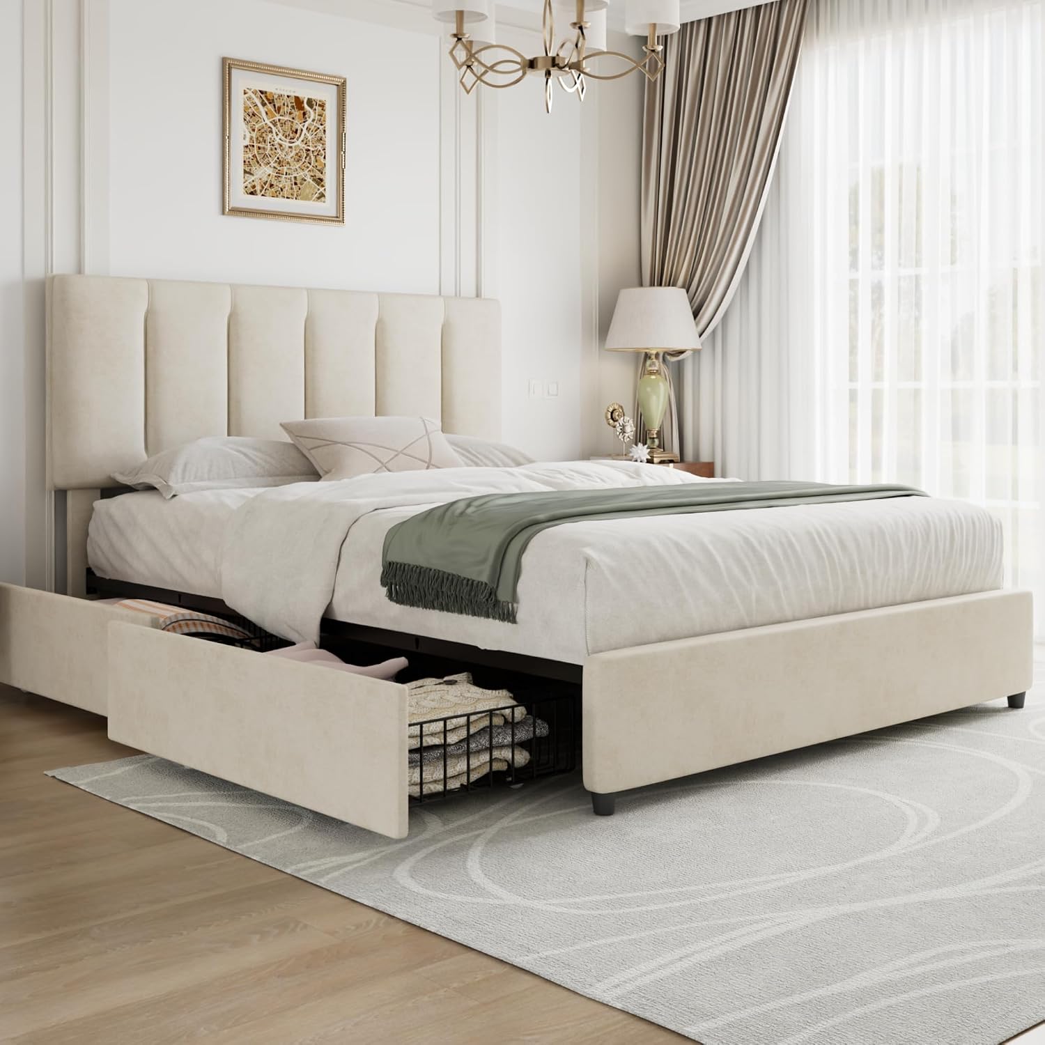 VECELO Full Size Bed Frame with 4 Storage Drawers, Adjustable Height Headboard, Heavy-Duty Platform Bedframe with Strong Wooden Slats, No Box Spring Needed, Pale Beige