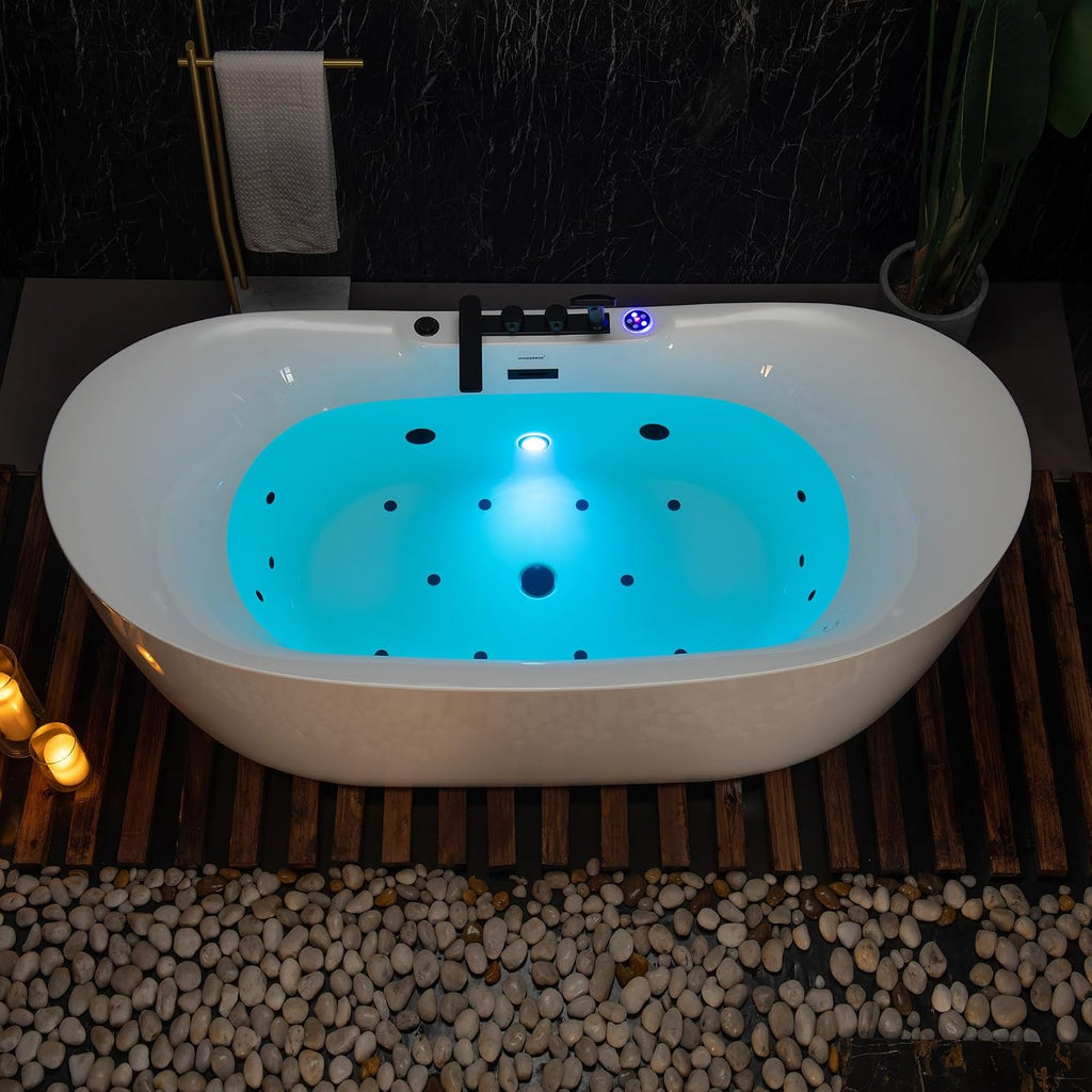 WOODBRIDGE 72' x 35-3/8' Whirlpool and Air Bath Heated Soaking Combination Tub with Adjustable Speed Air Blower, Tub Filler, and LED control panel, Matte Black Finish Trim and Drain Kit,BM-400+F0051