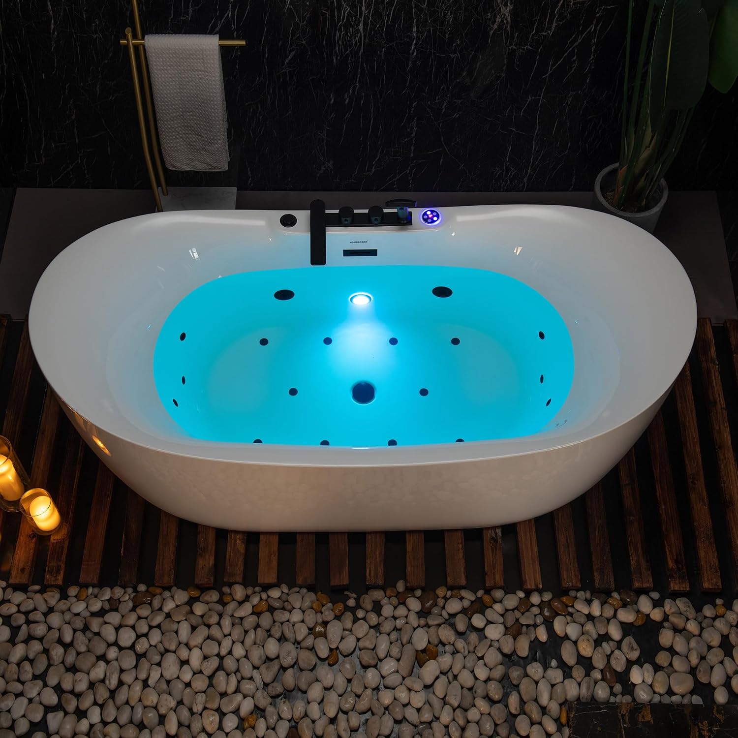 WOODBRIDGE 72' x 35-3/8' Whirlpool and Air Bath Heated Soaking Combination Tub with Adjustable Speed Air Blower, Tub Filler, and LED control panel, Matte Black Finish Trim and Drain Kit,BM-400+F0051