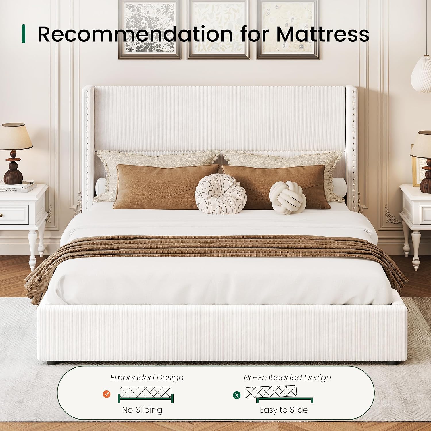 LARMACE King Size Bed Frame with 4 Storage Drawers Modern White Corduroy Upholstered Platform Bed Frame with Headboard Tufted Vertical Stripe &Wooden Slats Support, No Box Spring Need,Easy Assembly