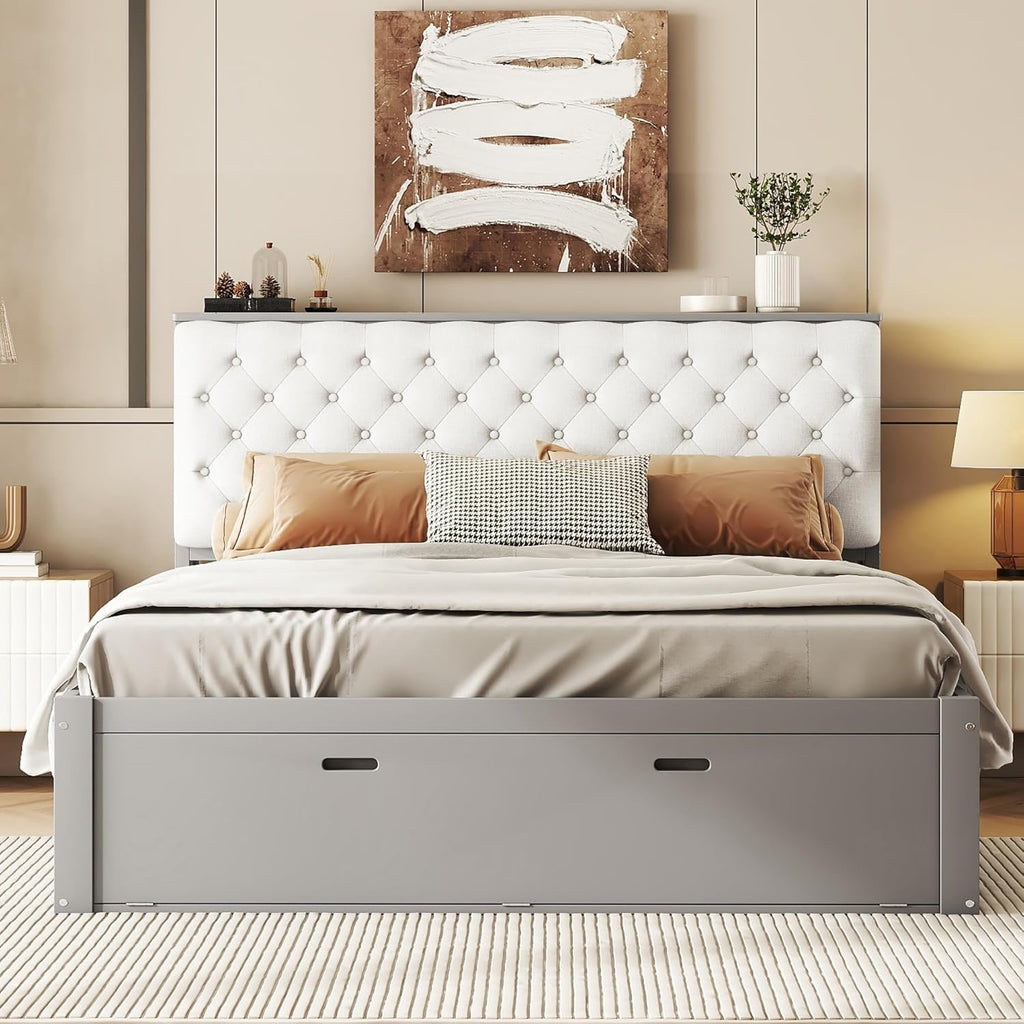 Harper & Bright Designs Queen Storage Bed Frame with Shoes Rack, Wood Queen Platform Bed with Upholstered Headboard and 4 Drawers, Modern Queen Size Bed for Bedroom, No Box Spring Needed, Gray