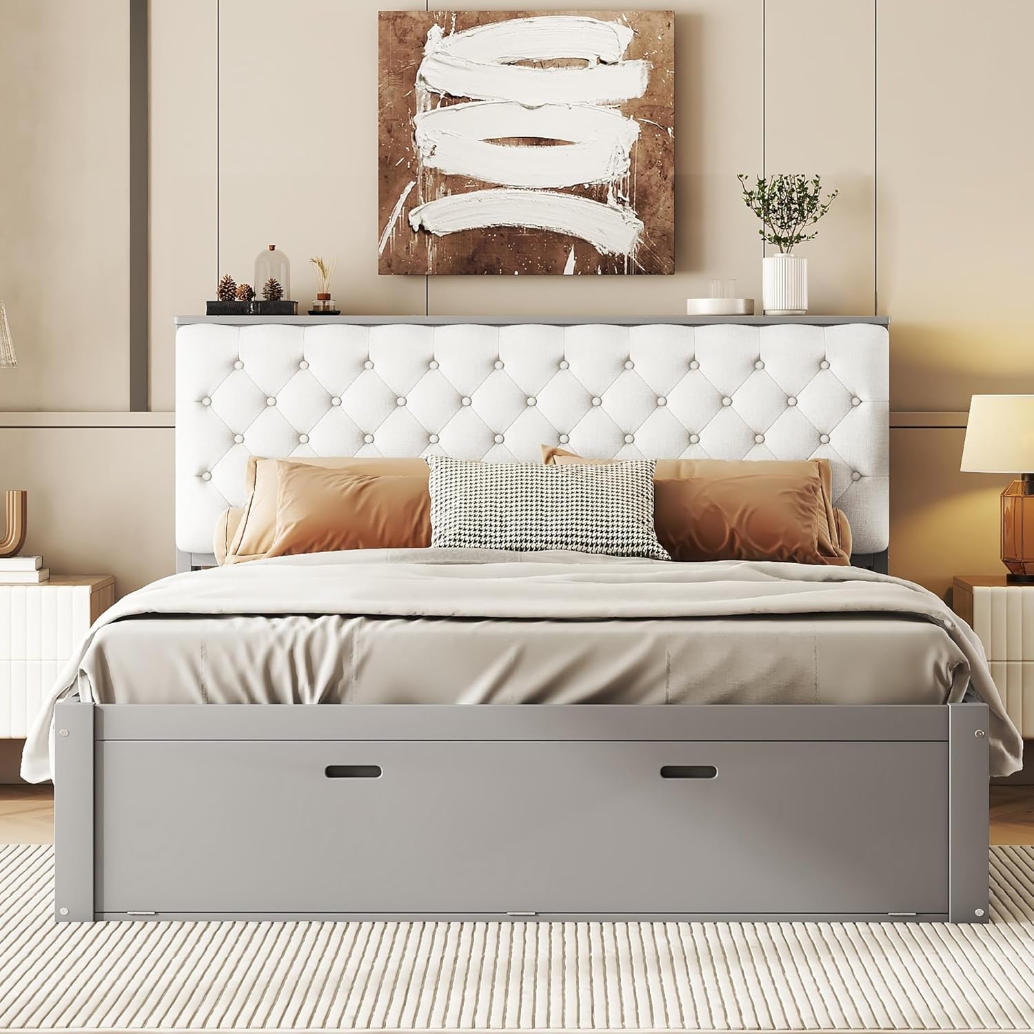 Harper & Bright Designs Queen Storage Bed Frame with Shoes Rack, Wood Queen Platform Bed with Upholstered Headboard and 4 Drawers, Modern Queen Size Bed for Bedroom, No Box Spring Needed, Gray