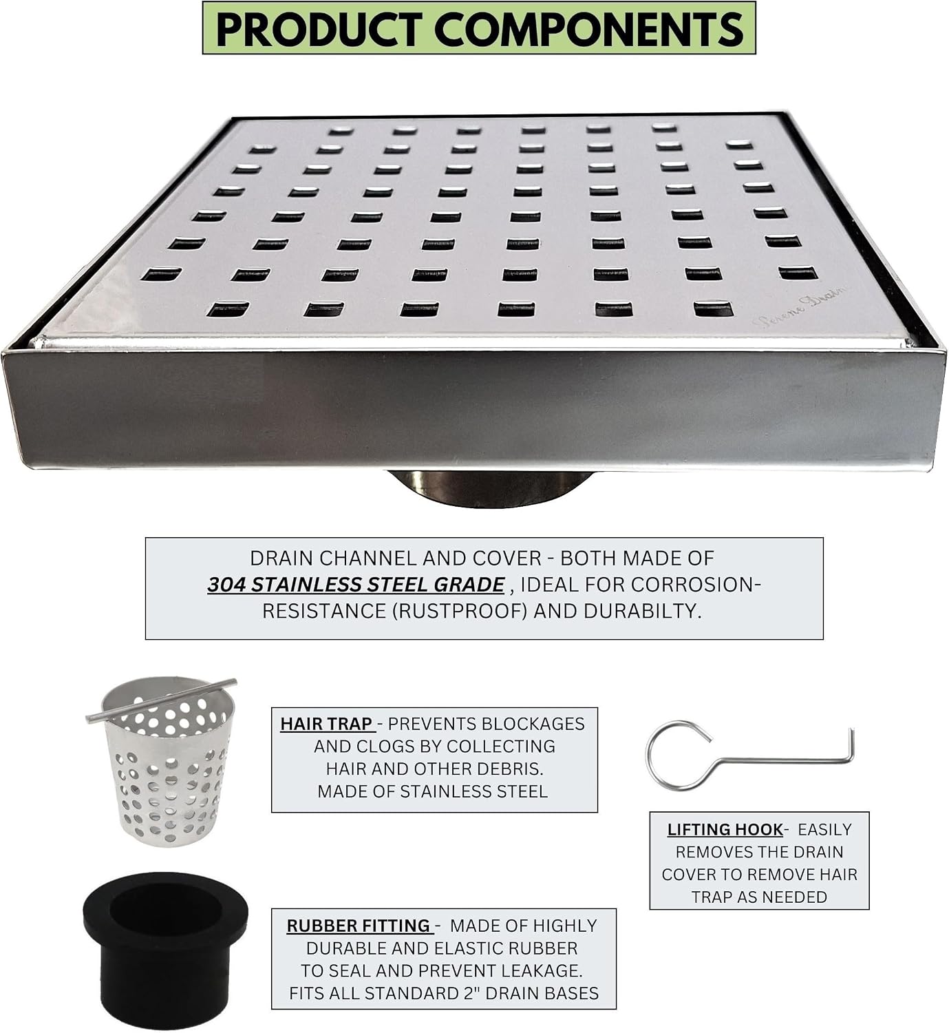 SereneDrains 304 Stainless Steel 6 Inch Square Polished Chrome Shower Drain Kit for Tile Floor Drain Grate Cover Hair Catcher Trap Strainer Filter (Polished Chrome, Traditional Square Design)